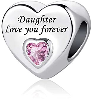 KunBead Jewelry Daughter I Love You Forever Heart Pink Birthstone Birthday Bead Charms fit Bracelets Gift for Women Girls
