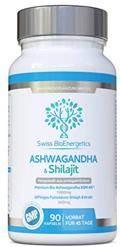 Ashwagandha & Shilajit - Award Winning Ashwagandha KSM-66 1000mg & Purified Shilajit Extract 200mg (60% Fulvic Acid) - No Artificial fillers, Binders or Flow Agents - Suitable for Vegans, Capsule