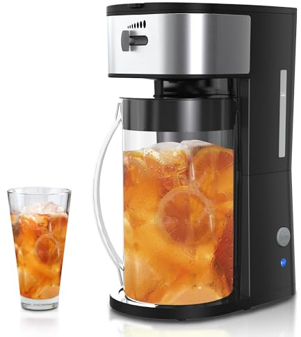 Iced Coffee Tea Maker with Reusable Filter Basket, 3 QT Pitcher, Iced Tea and Coffee Machine , Tea Makers for Iced Tea, Lattes, Lemonade and Flavored Water, Adjustable Brew Strength, Black and Silver