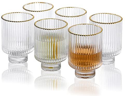 G Meridian Lot de 6 verres G transparents 326.0 avec bord doré durable pour eau, soda, jus, lait, coca, bière, spiritueux, boissons glacées, style vintage, maison, bureau, usage quotidien