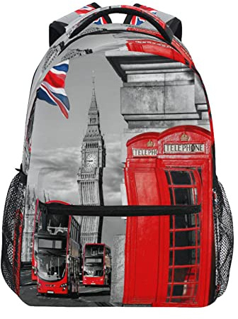 Quteprint Travel Laptop Backpack, London Big Ben Car Uk Flag College School Book Bag Student iPad Tablet Shoulder Backpack for Men Women Girls Boys Hiking Daypack Multiple Pockets & Name Tags