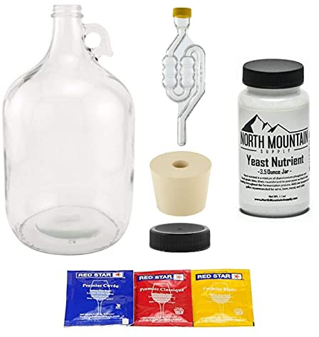 North Mountain Supply 1 Gallon Glass Fermenting Jug with Handle, #6.5 Rubber Stopper, 6-Bubble Airlock, Black Plastic Lid, 3-Pack Yeast Assortment, & 3.5 Ounce Yeast Nutrients