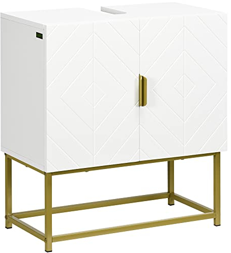 kleankin Meuble salle de bain sous lavabo - Meuble sous-vasque pour salle de bain - Placard 2 portes avec étagères - dim. 60L x 30l x 65H cm blanc