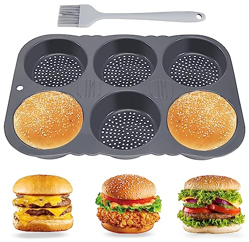 CosyCaya Moule à Pain Hamburger, Moule pour Burger Bun en Silicone Rond 10 cm Ø - Pour Pain, Pains à Hamburgers et Muffins XXL – incl. Brosse à en Silicone, Outils de Cuisson de Cuisine