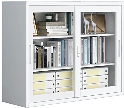 FIONEL Aktenschrank Rollcontainer Metallschränke, großer abschließbarer Stahlschrank mit transparenter Glasschiebetür, Büroschrank for Zuhause, Büro, Garage, Klassenzimmer, mattgrau Büroschrank