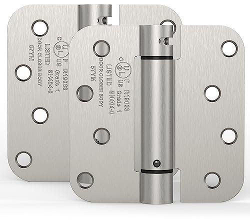 Satin/Brushed Nickel 4 Inch Spring Hinge Auto Self Closing Door Hinges, 4 x 4 inch Heavy Duty Hinge for Door 5/8Radius Indoor Fire Door Hinges home Bathroom Pantry Basement Front Door Hinges, 2 Pack