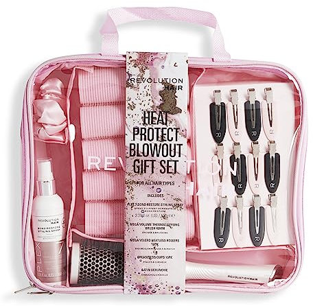 Revolution Haircare Plex Heat Protect Blowout Gift Set, 6 Product Set with Bag, Contains Hair Accessories & Styling Spray