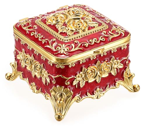 SUMNACON Schmuckkästchen aus Metall, Vintage-Stil, dekorativer kleiner Schmuck-Organizer mit Deckel, quadratisch, Retro-Aufbewahrungsbox für Ringe, Ohrringe, Halsketten, Rot