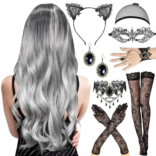 DAZZTIME Perücke Halloween Damen,Grau Lange Wellte Lockige Haare 70cm,Perücke Frauen Kostüm Set,Ohrring,Armbänder,Augenmasken,Halsketten,Handschuhe,Haarband,Strümpfe,Karneval,Fasching,Mottoparty.