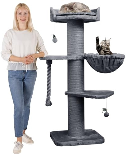 HAPPYPET Premium Kratzbaum Grosse Katzen Stabil 'Cooper' – 150 cm Großer Katzenbaum, Kletterbaum für Maine Coon, Natursisal, 20 cm Dicke Stämme - Grau