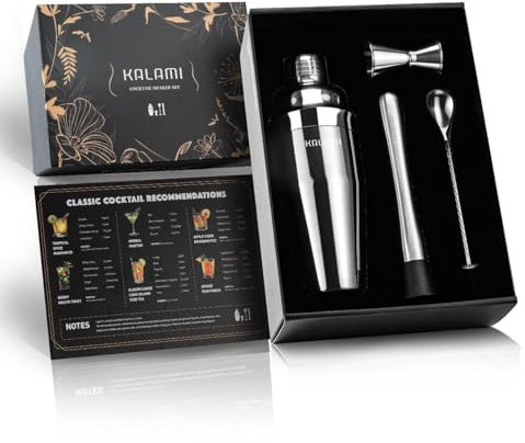 KALAMI Premium Cocktail Shaker Set, Beginner's 304 Stainless Steel Cocktail Kit. Martini Shaker Set with Cocktail Shaker, Jigger, Mixing Spoon, Muddler, Recipe Guide - Ideal Gift/Home Cocktail Set.