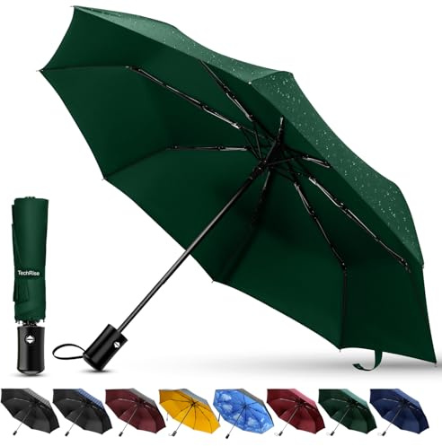 TechRise Parapluie pliable, parapluie portable automatique coupe-vent compact résistant léger avec 8 lattes renforcées en téflon, parapluie universel pour homme et donn, vert foncé, Piccolo