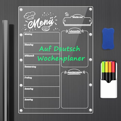 MoKo A3 Wochenplaner Abwischbar, Deutsch Acryl Wochenplaner Magnetisch für die Küche, Kühlschrank Menüplaner & Essensplaner - 6 Markern, 1 Radiergummi, 1 Halter | Abwischbarer Wochenplaner Familie mit 6 Markern, Radiergummi und Halter für Essens- und Einkaufsplanung.