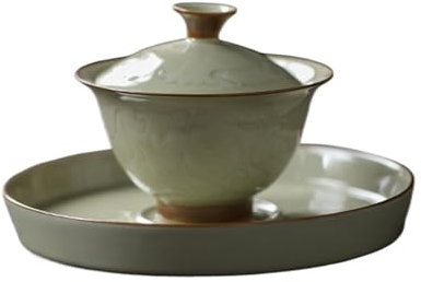 XGTEAHHC Gaiwan Chinois Miel Céramique émaillée Vintage Relief Trois Talentueux Soupière à Thé Ménage Couvercle Bol Boisson Artisanat
