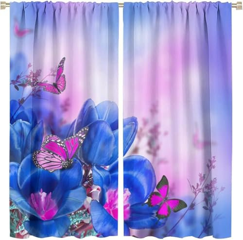 Vorhang Kinderzimmer Blumentier Schmetterling Kinder Vorhänge Mit Ösen Polyester Gardinen Thermovorhang Blickdicht Ösenschal Kindergardinen 140X160 cm (B + H) Für Wohnzimmer,2Er Set-63980132