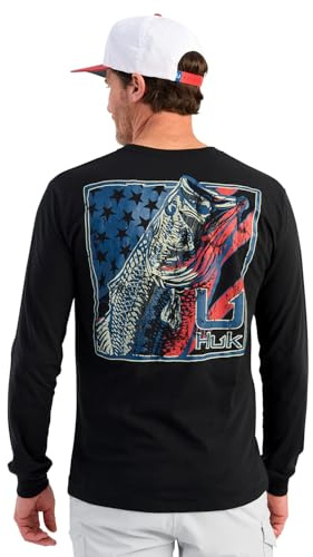 HUK Mens KC Scott Pocket Tee, Comfortable Performance Fishing Long Sleeve T-Shirt with Chest Pocket, Freshwater - Black, X-Large