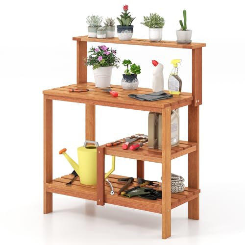 COSTWAY Garden Potting Table, Wooden Planting Bench Table with Open Shelves & Teak Oil Finish, Gardening Workbench Station for Outdoor Patio Courtyard