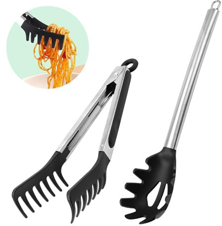 Silicone Spaghetti Spoon & Pasta Tong, Non-Stick Stainless Steel Handle Pasta Fork Set with Teeth, Food Clip for Spaghetti Noodle