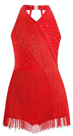 Aiihoo Girls Latin Dance Dress Sleeveless Shiny Fringe Dress Kids Tassel Skirted Leotard Party Ballroom Dancewear Red 11-12 Years