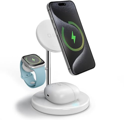 SBS Stazione di ricarica Wireless Qi2 3in1, Certified MFI, Ricarica Rapida 15W, MagSafe, Magnetic Power Profile, Design Minimal, Caricabatterie per iPhone, Airpods, Apple Watch, Samsung, Smartphone