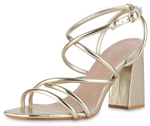 VAN HILL Damen Riemchensandaletten Blockabsatz Basic Party Schuhe 216827 Gold 39