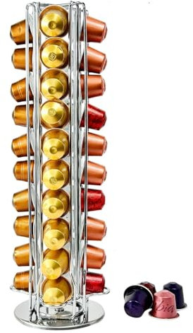Porta Capsule Caffe per Nespresso, Porta Cialde Per Nespresso 40 Pezzi Caffè Capsule, Portacapsule Girevoli a 360 Gradi Acciaio Inossidabile (Argento)