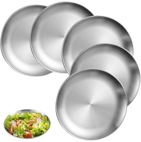 WANDGU Stoviglie rotonde in acciaio inox: 5 piattini da 23 cm, piatti in acciaio inox, set di piatti da cena stabili per campeggio, picnic, escursioni, cucina, feste