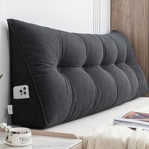 Rückenkissen Bett 140 cm Schwarz, Cozy Lesekissen für Bett und Sofa, Groß Keilkissen mit Abnehmbarem und Waschbarem Bezug, Praktischem Seitenfach, Rückenlehne für die Wand, Sitzkissen, Wandkissen