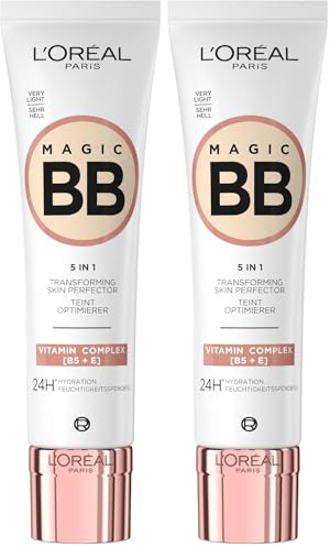 L'Oréal Paris Getönte Tagescreme, Für 24h Feuchtigkeit und einen ebenmäßigen Teint, Magic BB Teint Optimierer, Nr. 01 Very Light (Sehr Hell), 1 x 30 ml (Packung mit 2)