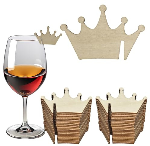 SEABABOO Glasmarker Holz Kronenform 50 Stück Weingläser Markierer Holz Glas Markierung Markierung Weinglas Weinglasmarkierer Identifikationsnummer Dekoration für Party Weinglas Trinkglas (Krone)
