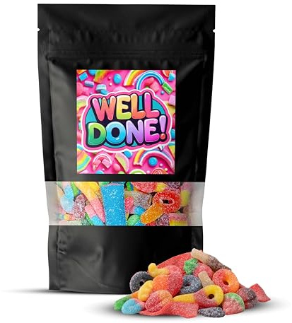 SKVDNTRADE8 Well Done Pick & Mix Sweets 500g Bag – Fizzy, Gummy, Mix of Retro & Sour Variety for Letterbox Friendly Gift for Graduation, Exams, Achievements, Congratulations,UK Made Gift (Well Done)