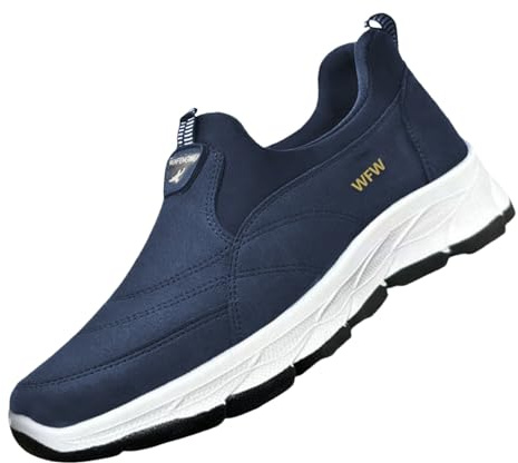 Zapatillas de deporte para hombre, pies anchos, de piel, antideslizantes, planas, de seguridad, para caminar, cómodas, ligeras, transpirables, deportivas, informales, azul oscuro, 43 EU