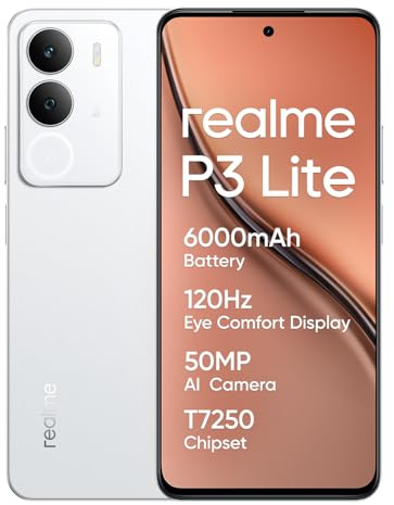 realme P3 Lite, Smartphone,Blanc, 8+256Go, Écran à Confort oculaire 120Hz, Batterie de 6000 mAh, Chipset T7250, Caméra IA 50MP, Charge 15W, Résistance aux Chocs de Grade Militaire (sans Adaptateur)