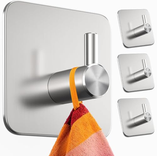 HOPAISH Set med 4 självhäftande krokar, max 8 kg lastkapacitet, självhäftande krokar, diskhanddukskrokar, mångsidiga självhäftande väggkrokar för användning i badrum, kök, dörrar (silver)