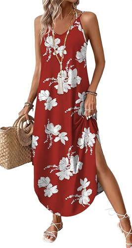 WIHOLL Vacation Dresses for Women 2025 Summer Flowy Maxi Dresses Cute Dress Beach Vacation Clothes Hawaiian Dresses Floral Petite Red Dress S