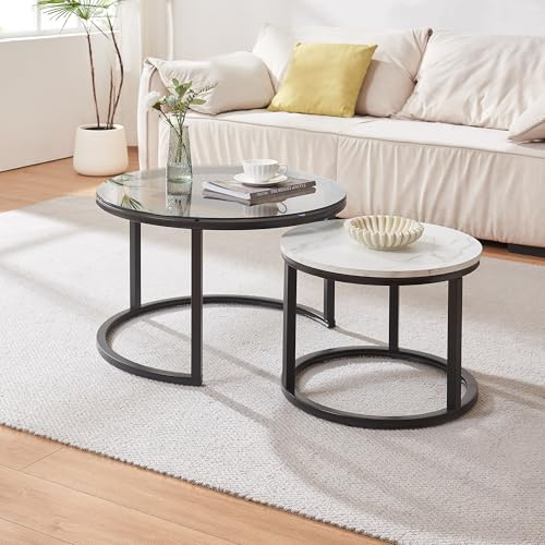 [en.casa] Couchtisch Kokkola 2er Set Wohnzimmertisch rund Beistelltisch Schwarz Tischplatte aus Glas und MDF Kaffeetisch Metallgestell Satztisch Sofatisch Rauchglas/Marmoroptik, weiß