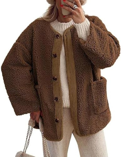 ticticlily Giacca Invernale Donna Pile Peluche Giacche Teddy Sherpa con Tasche Giubbotto Aperto Anteriore con Bottone Cappotto in Cordura Inverno Autunno A Marrone L