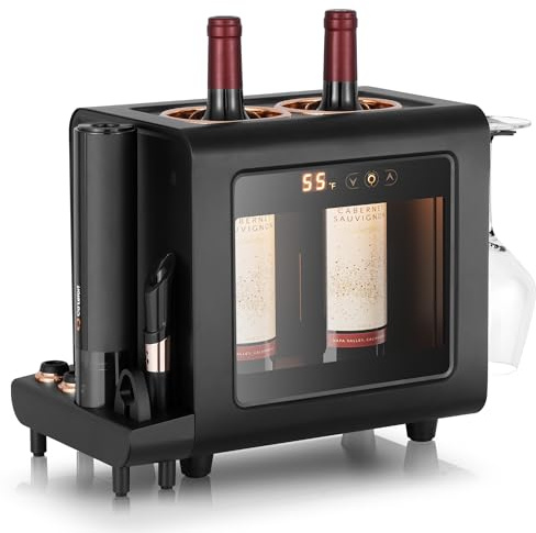 Ca'Lefort Electric Wine Chiller - 46-64°F Wine Cooler for 2 Standard Bottles (3.6 Dia.), All-in-1 Set Electric Opener & 2 Glasses, Perfect for Red, White, Champagne at Home/Office, Gift for Men Women