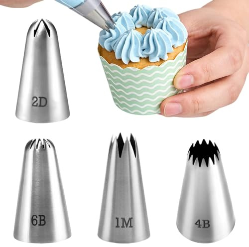 #1M #2D #4B #6B Large Piping Nozzles, 4 pcs Stainless Steel Seamless Icing Piping Tips Set for Cupcakes and Baking