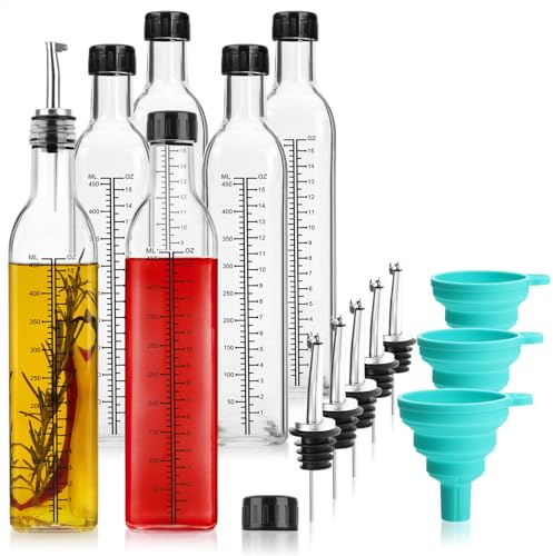 com-four® set med 21 delar med glasflaskor 500 ml med skala, hällpipar, tratt och tillbehör, praktisk dispenser för olja, vinäger och likör (21-delat set)