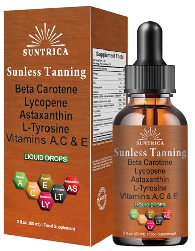 Sunless Tanning Drops Drinkable, Tanning Drink Drops Self Tan, Tan Enhancers & Accelerators Natural Beta Carotene, Astaxanthin & Lycopene for a Bronzing Glow without Sun Damage, 60 ml