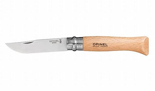 Opinel, Couteau N°9, Acier inoxydable Martensitique, Facilité d'entretien, Résiste à la corrosion, Manche en hêtre vernis incolore, Lame Yatagan de 9 cm, Avec bague de double sécurité Virobloc