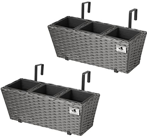 Polyrattan Balkonkasten 3 Stück inkl. Aufhängung, 47 x 17 x 15 cm, 3er Kunststoffeinsatz, grau