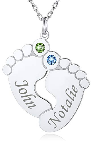 Custom4U Personalisierte Namenskette S925 Silber Baby Fuß Kette mit 2 Namen Gravur Babyfüße Anhänger Gravur Namenskette Geburtsstein Halskette Geschenke für Mütter Mama Oma