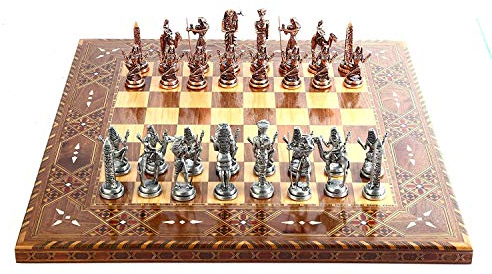 GiftHome Ägyptischer Pharao Antike Kupfer-Figuren Metall Schachset für Erwachsene, handgefertigte Stücke und natürliches massives Holz Schachbrett mit Original Perle um Brett König 3,5 Inc