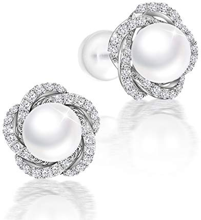 PEARLOVE Pärlörhängen för kvinnor 925 sterling silver allergivänliga sötvattenspärlor stiftörhängen smycken gåva för kvinnor mamma med elegant låda, Bomull Cubic Zirconia, Zirkon Kubisk zirkonia Pärla