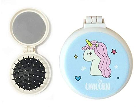 Oulensy Kinder Mini Airbag Faltkamm Mit Schminkspiegel Mädchen Runde Massage Haarbürste Jungen Reise Taschenspiegel Kamm Cartoon Einhorn Muster ， Rosa