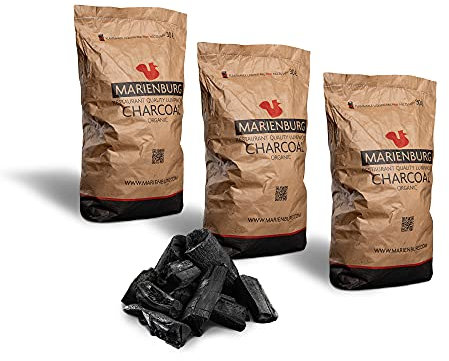 Marienburg Organic Lumpwood Charcoal BBQ - Sustainable, Smokeless, Odorless, Ready in 15 Minutes!, 95% 5-20cm Pieces 30L Bag - Effortless Ignition - Restaurant Grade Charcoal Quality! (3 x 30L)