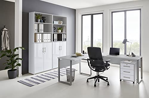 BMG-Moebel.de Büromöbel komplett Set Arbeitszimmer Office Edition in Lichtgrau/Weiß Hochglanz (Set 11)