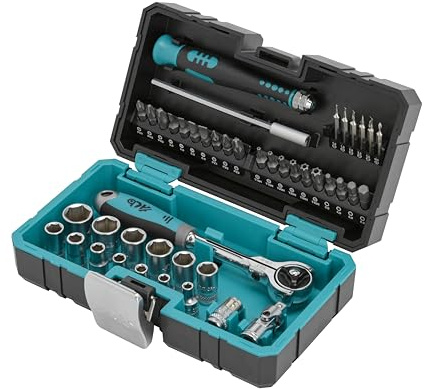 HB 44tlg Steckschlüsselsatz Knarrenkasten AKM024-G 90-Zahn 1/4 Ratsche 270° Schwenkkopf Umschaltfunktion Torx PZ PH SL HEX Bits Profi Werkzeugset CR-V Stahl Koffer Made in Taiwan